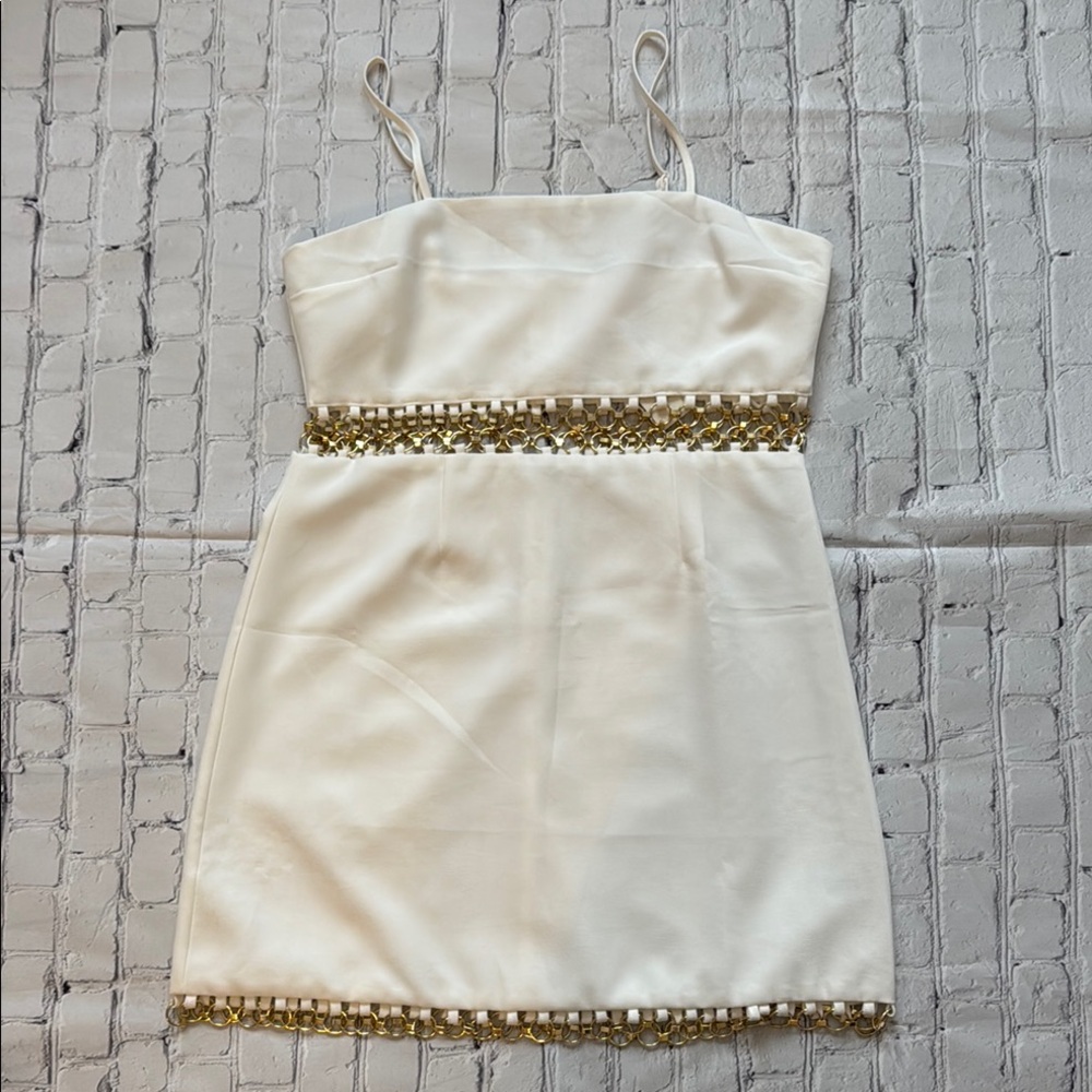 Cream Embellished Sheath Mini Dress by Audrey Parks, size L